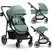 INFANS 2 in 1 Baby Stroller, High Landscape Infant Stroller and Reversible Bassinet Pram, Foldable Pushchair with Adjustable Canopy, Cup Holder, Storage Basket, Suspension Wheels (Green)