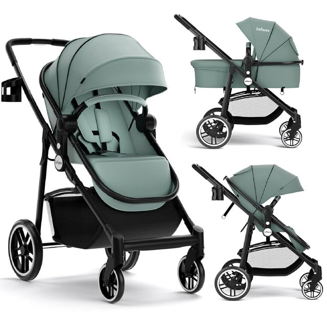 INFANS 2 in 1 Baby Stroller, High Landscape Infant Stroller and Reversible Bassinet Pram, Foldable Pushchair with Adjustable Canopy, Cup Holder, Storage Basket, Suspension Wheels (Green)