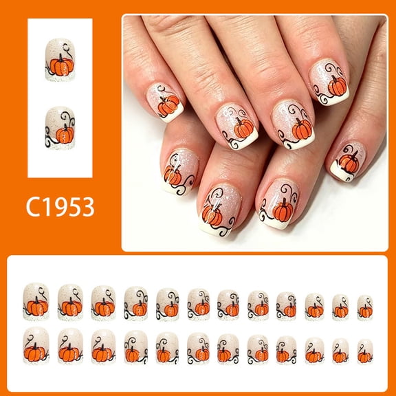 LCEPCY Halloween Press On Nails, Short Glitter French Tip with Pumpkin Design, Fall Thanksgiving Fake Nails Reusable Glossy, for Autumn Party & Daily Wear, Style C