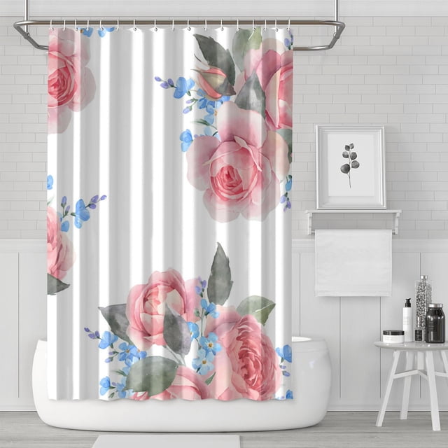 Rideau de Douche Rose Mignon à Fleurs Printanières (5) Doublure de Douche Réutilisable, Rideau de Bain Simple en Polyester, Ensemble de Rideaux de Douche avec Doublure à Boutons-Pression, 72x72 Pouces