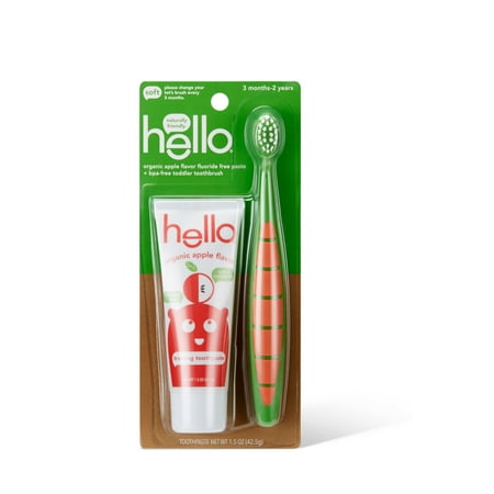 Hello Toddler Training Fluoride Free Toothpaste and BPA Free Toothbrush Bundle, Natural Apple Flavor, SLS Free and (Best Natural Toothpaste For Toddlers)