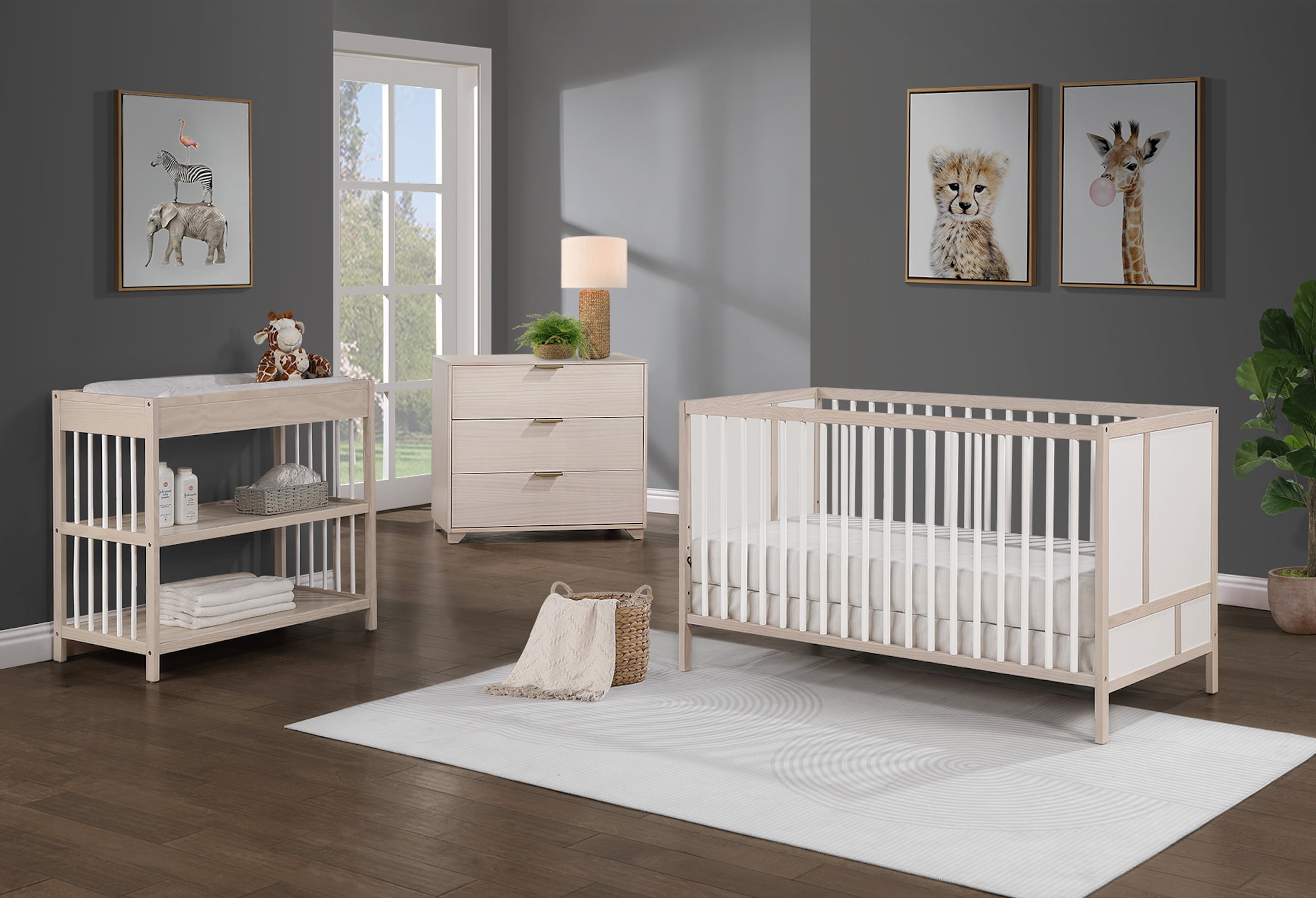 Suite Bebe Pixie Zen 3-in-1 Convertible Baby Wooden Crib With Round Spindles, in Washed Natural/White