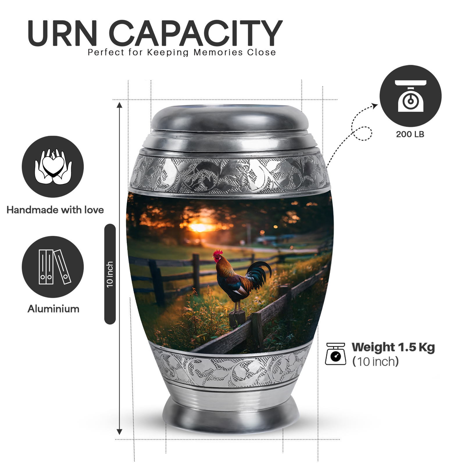 Yatskia Sunset Rooster Urns for Human Ashes Adult Man, Cremation Burial Urn for Ashes for Women, Decorative Urns for Human Ash, (Monar Large, 10 Inch)