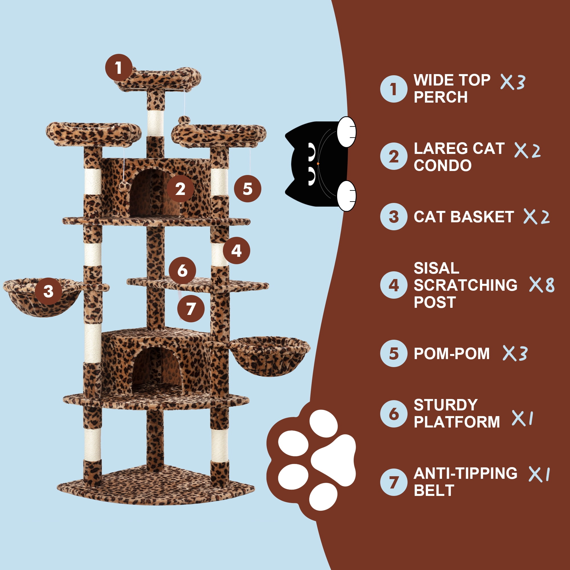 Amolife 73.6" Extra Large Corner Cat Tree, Fan-Shaped Tower with Scratching Posts & Condo House for Indoor Cats, Leopard Print