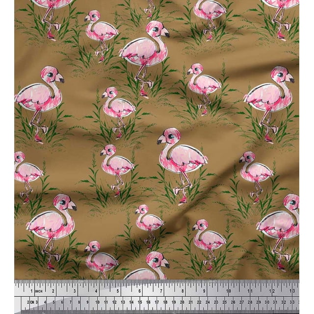Soimoi Brown Modal Satin Fabric Grass & Flamingo Bird Fabric Prints By Yard 42 Inch Wide
