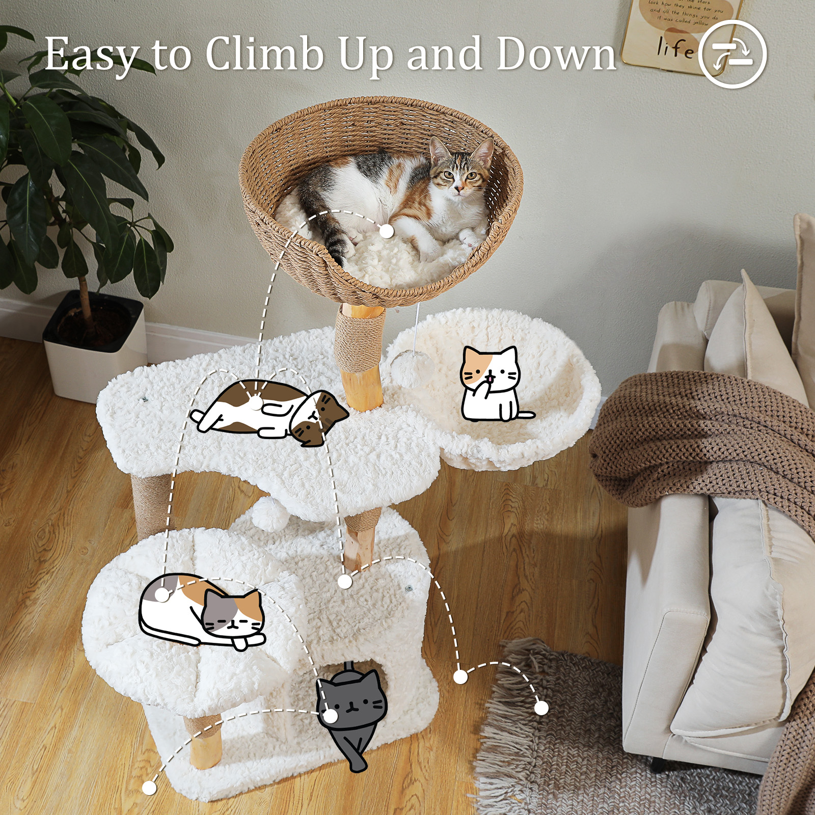 PEQULTI 48.5'' Solid Wood Cat Tree Cat Tower for Indoor Cats with Rattan Hammock&Flower Perch White