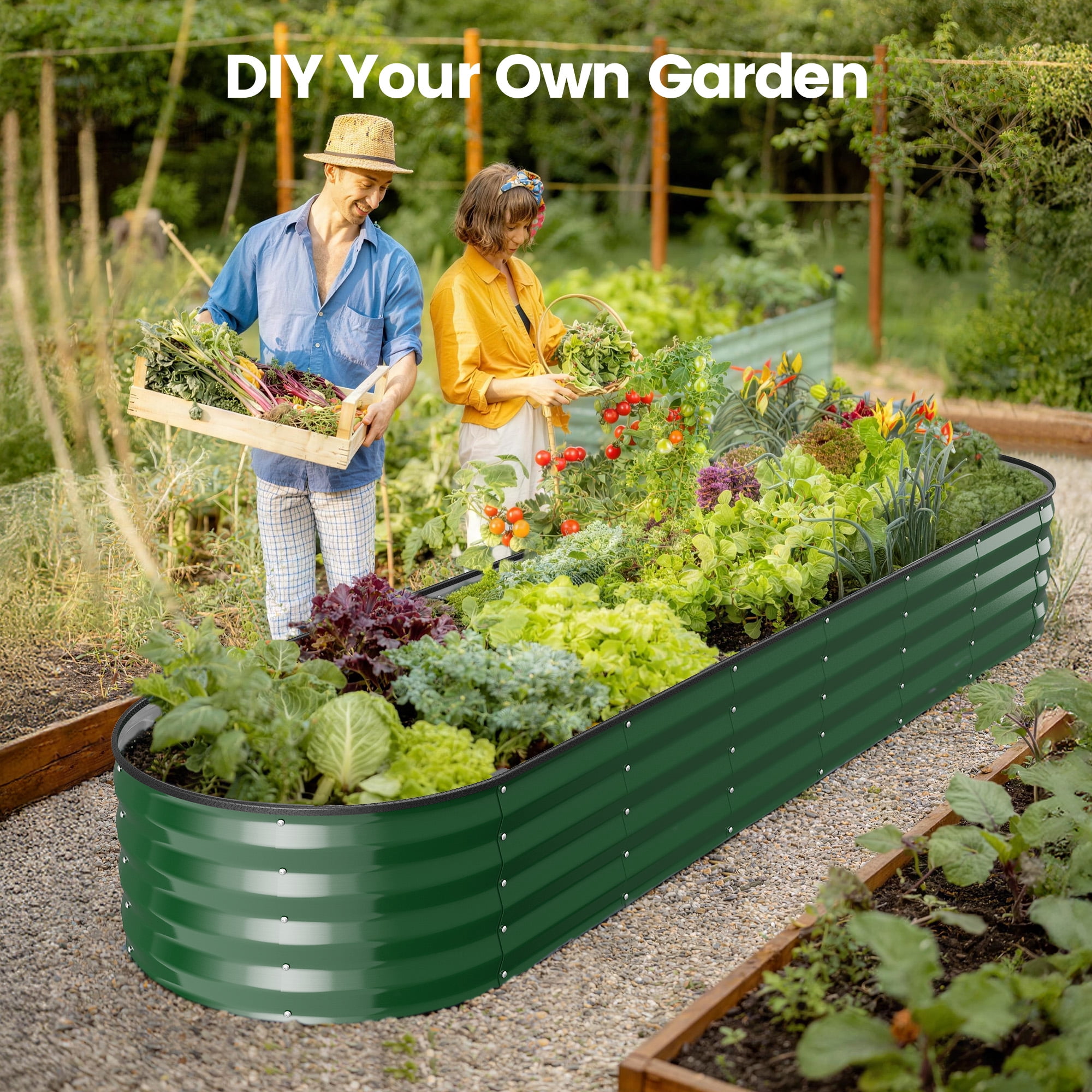 GVDV Raised Garden Bed Outdoor, 8x2x1ft Backyard Large Metal Raised Bed with Garden Trelli & Plant Markers, Planter Raised Garden Bed for Vegetables, Flower, Herbs - Green