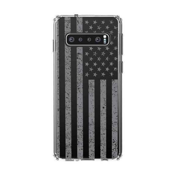 DistinctInk Clear Shockproof Hybrid Case for Samsung Galaxy S10  PLUS(6.4" Screen) - TPU Bumper, Acrylic Back, Tempered Glass Screen Protector - Weathered Grey US Flag