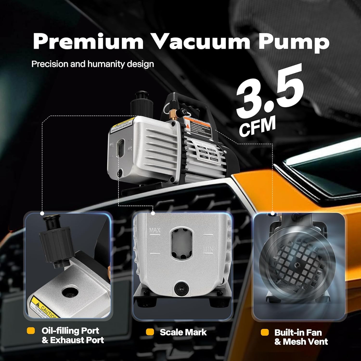 SPECSTAR 110V 1/4 HP 3.5CFM Single Stage Rotary Vane Air Vacuum Pump and AC Manifold Gauge Set Kit with Thermometer for R134a R12 R22 R502 R410a HVAC Air Conditioning Refrigeration Recharging, Black