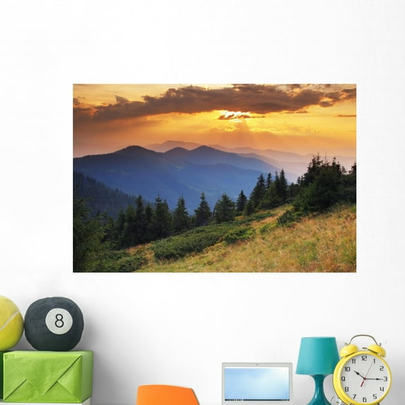 Morning Mountains Wall Mural by Wallmonkeys Peel and Stick Graphic (48 in W x 32 in H) WM353611