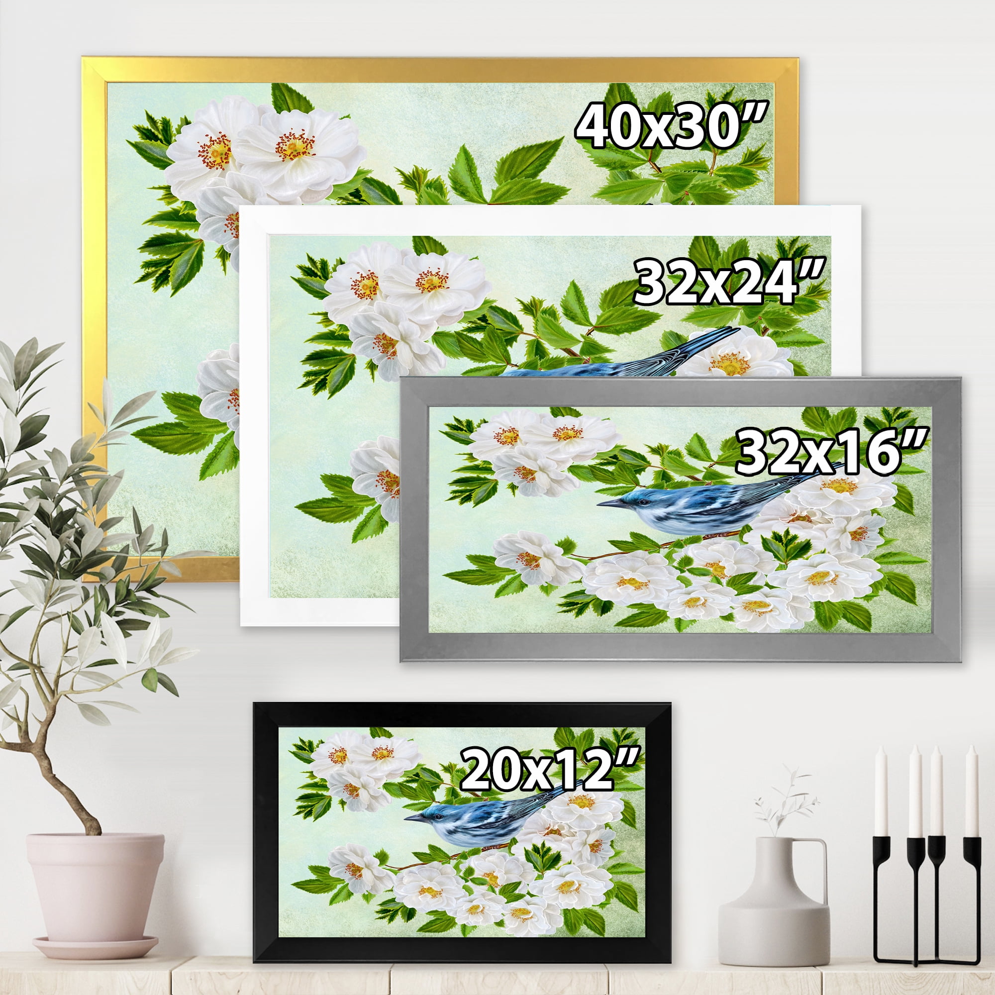 Designart 'Little Blue Bird Sitting On A Branch of White Rose Plant' Traditional Framed Art Print