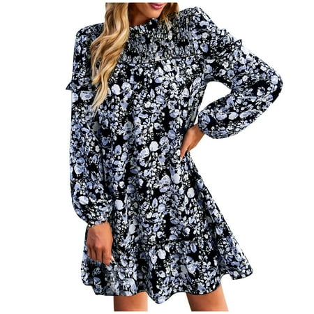 

Airpow Women Long Sleeve Round-Neck Knee-High Dress Women Casual Lantern Sleeve Printing Ruffle Hem Long Sleeve Round-Neck Knee-High Dresses Maternity Summer Dress