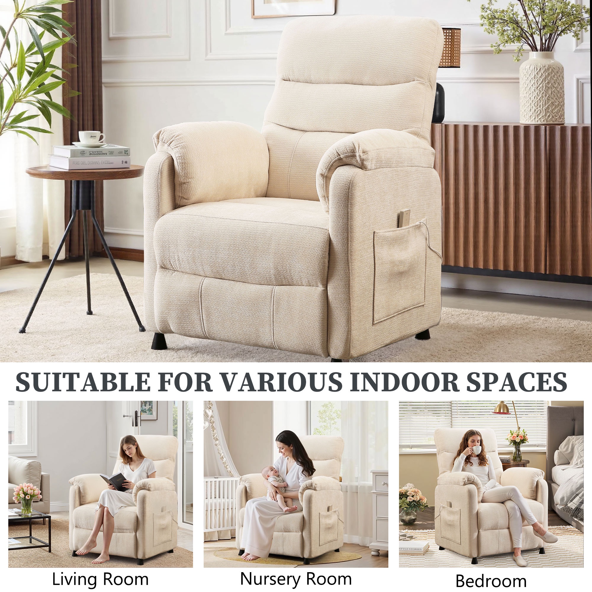 Power Recliner Chair Living Room with Adjustable Backrest and Footrest, Electric Recliner Chair for Adults, Luxurious Chenille Fabric (Beige)