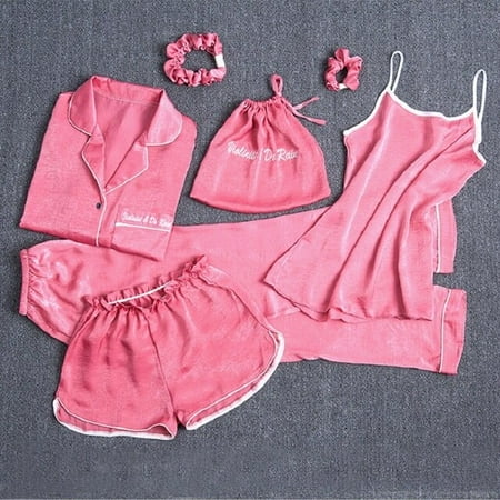 

CoCopeaunt Women Pajamas 5 Pieces Satin Pajamas Sets Sleepwear Silk Home Wear Embroidery Sleep Lounge Lace Pyjama with Chest Pads