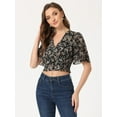 thumbnail image 3 of Blusas cortas con volantes florales de manga corta con cuello en V para mujer Negro XS, 3 of 6