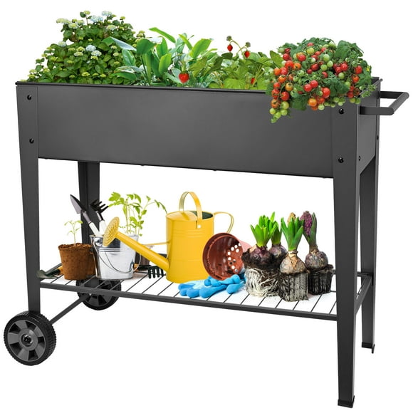 Metal Raised Garden Bed, 39"L x 15" W x 35"H Outdoor Elevated Planter Box with Wheels and Storage Shelf for Gardening Vegetables Herb Flower Plants