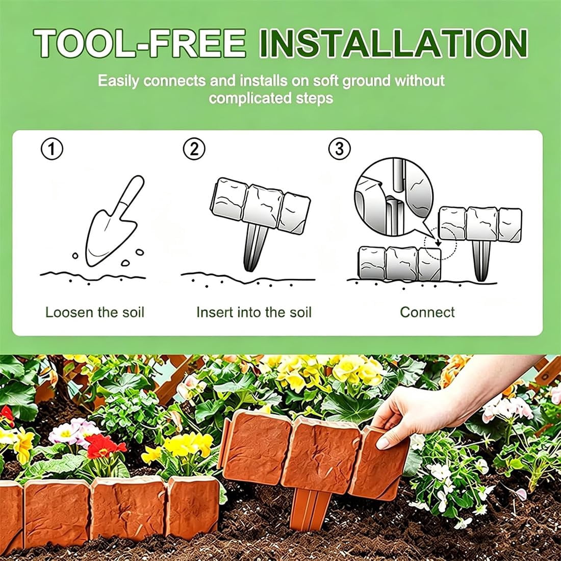 Plastic Garden Retaining Fence with Stakes, No Dig Plastic Garden Edging Border, Interlocking Imitation Stone Garden Fence with Shovel for Flower Bed, Outdoor Yard Patio