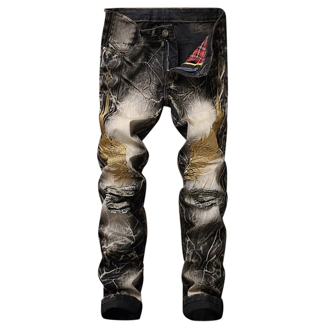 Mens Jeans Relaxed Fit Jeans High-end Stretch Nostalgic Street Personality Embroidery Ripped Trousers Black6 6XL