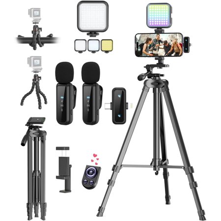 MY Vlogging Kit for iPhone and Android, YouTube Starter Kit with Wireless Microphone, Camera Tripod, Flexible Tripod, RGB Fill Light, Content Creator Video Recording Essentials