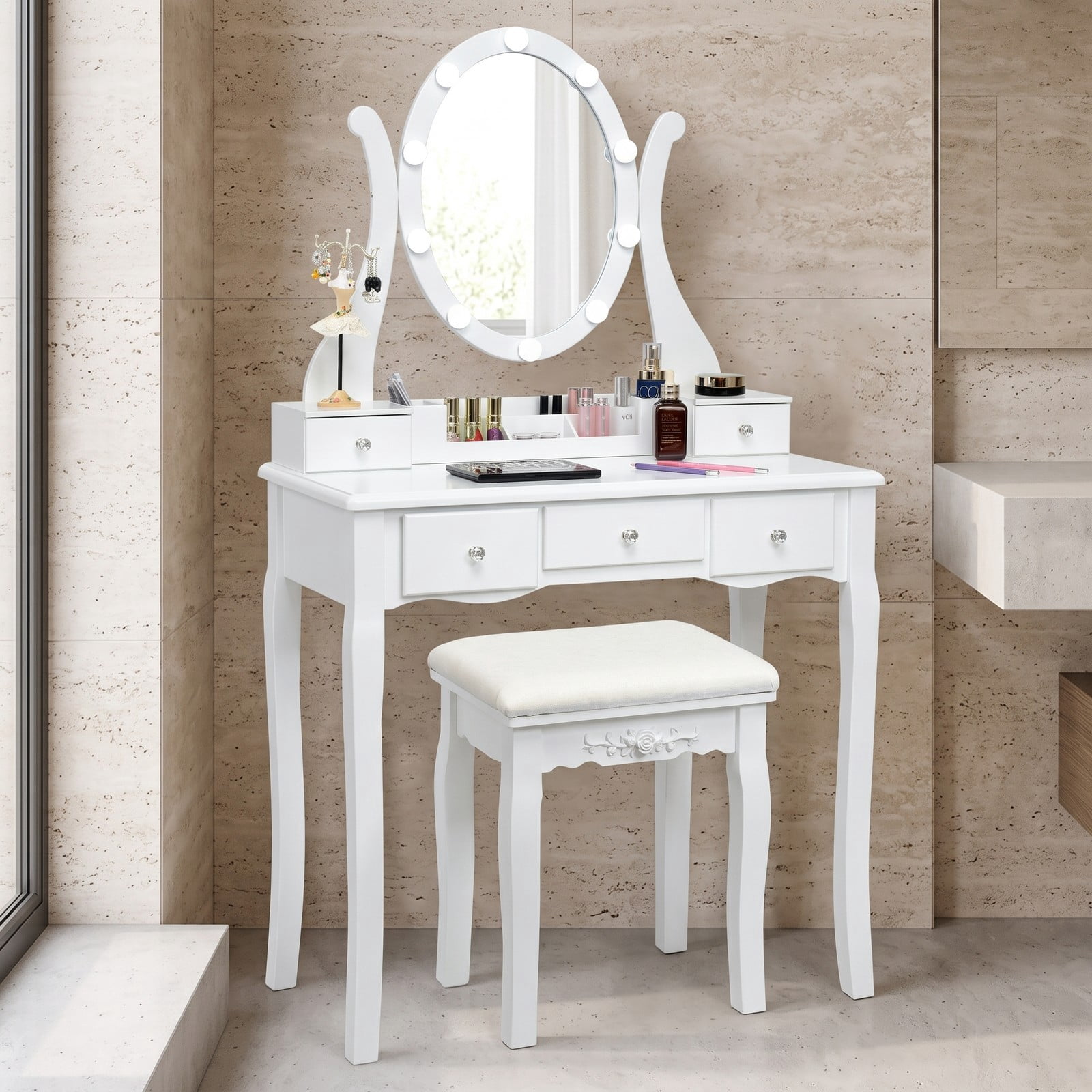 Furnibear Vanity Table Set with 10 Dimmable Light Oval Mirror and Cushioned Stool and 5 Drawers for Bedroom Makeup and Dressing, White