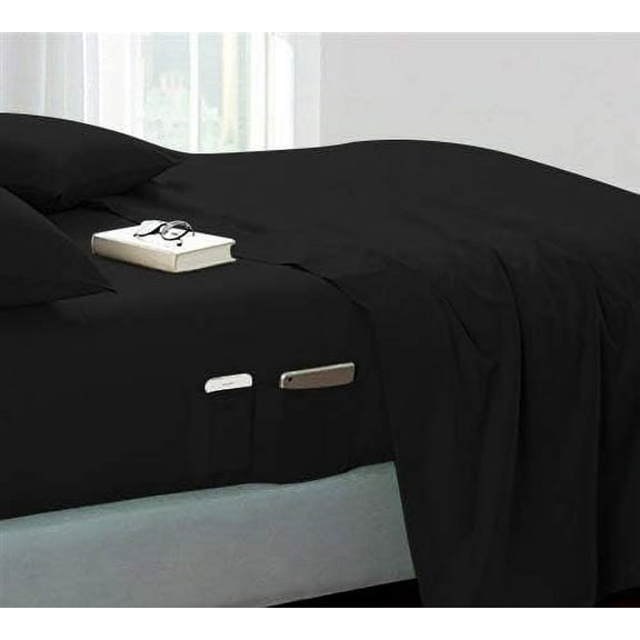 DNG Creations 4 Piece Sheet Set 26 Inch Deep Pocket With Side Storage Pockets 100% Egyptian Cotton, 800 Thread Count ( Solid Black - Twin )