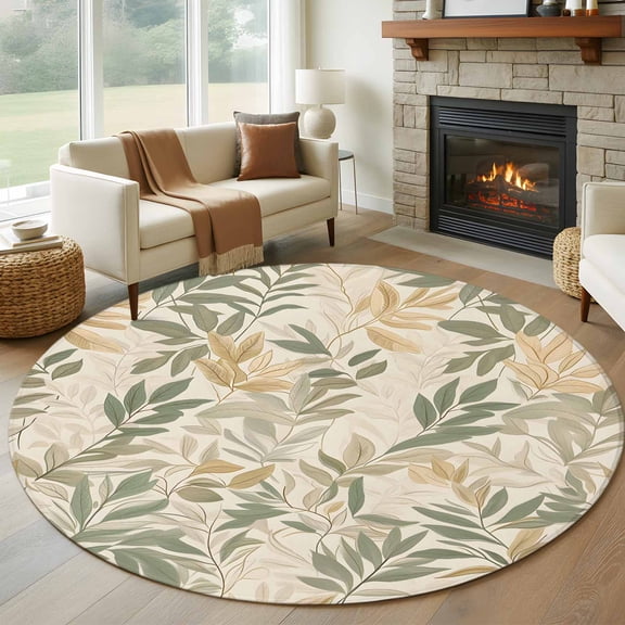 8ft Round Rug, Sage Green Yellow Botanical Non-Skid Rubber Backing Large Area Rugs - Living Room Bedroom Home Office, Vintage Spring Summer Indoor Floor Mat Carpets Washable Rug