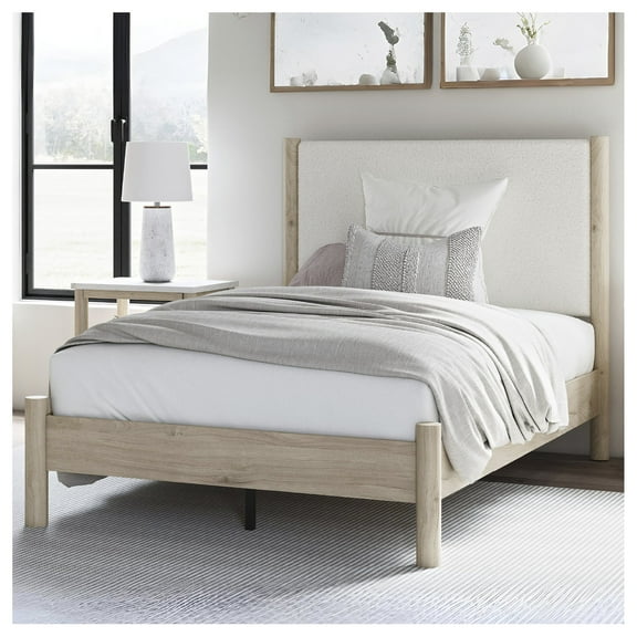 Signature Design by Ashley Cadmori Full Upholstered Panel Bed with Two-Tone Finish and Light Oak Details
