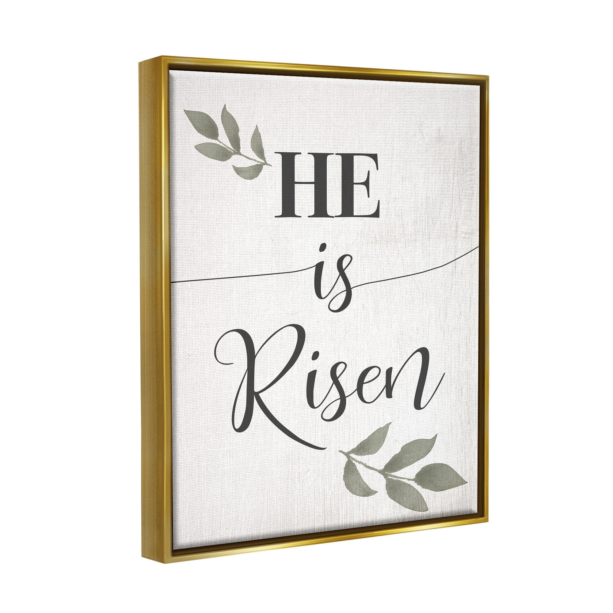 Stupell Industries He Is Risen Faith Phrase Green Country Leaves Metallic Gold Framed Floating Canvas Wall Art, 16x20, by Daphne Polselli