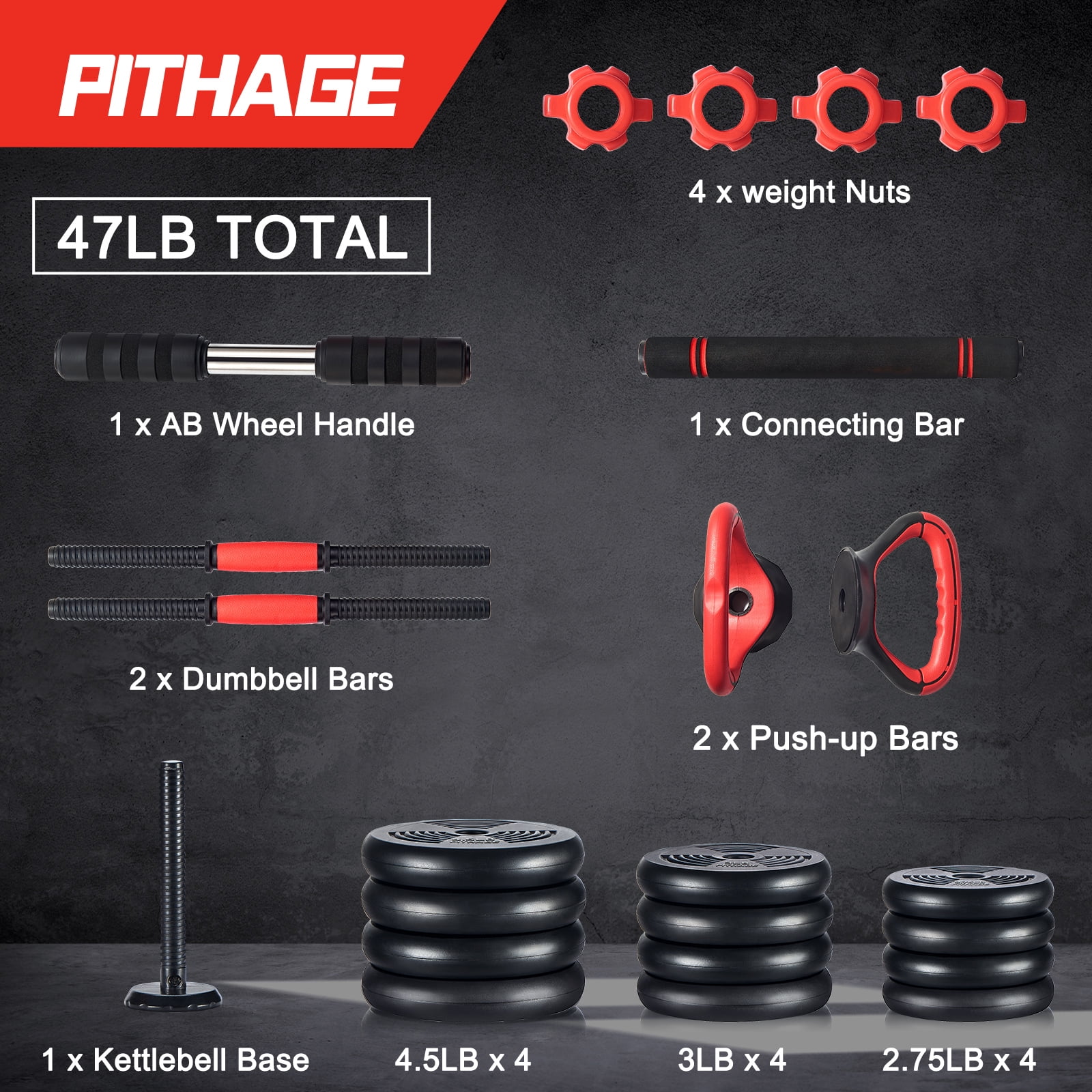 Pithage Adjustable Weight Dumbbell Set Used as Barbell Kettlebell for Home Gym Fitness, Black