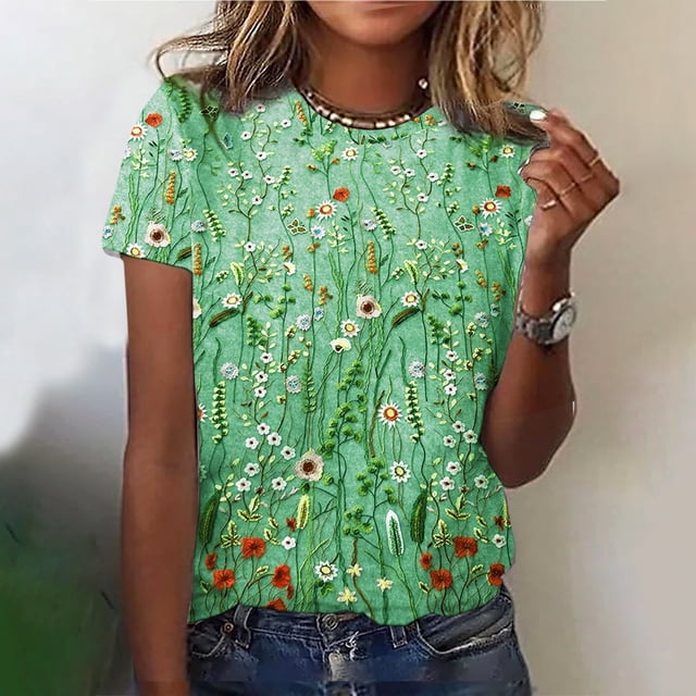 SMihono Hauts pour Femmes Été Chic Décontracté Mode Féminine T-shirt Imprimé Manches Courtes Blouse Col Rond Hauts Décontractés T-shirt Oversize pour Femmes 2023