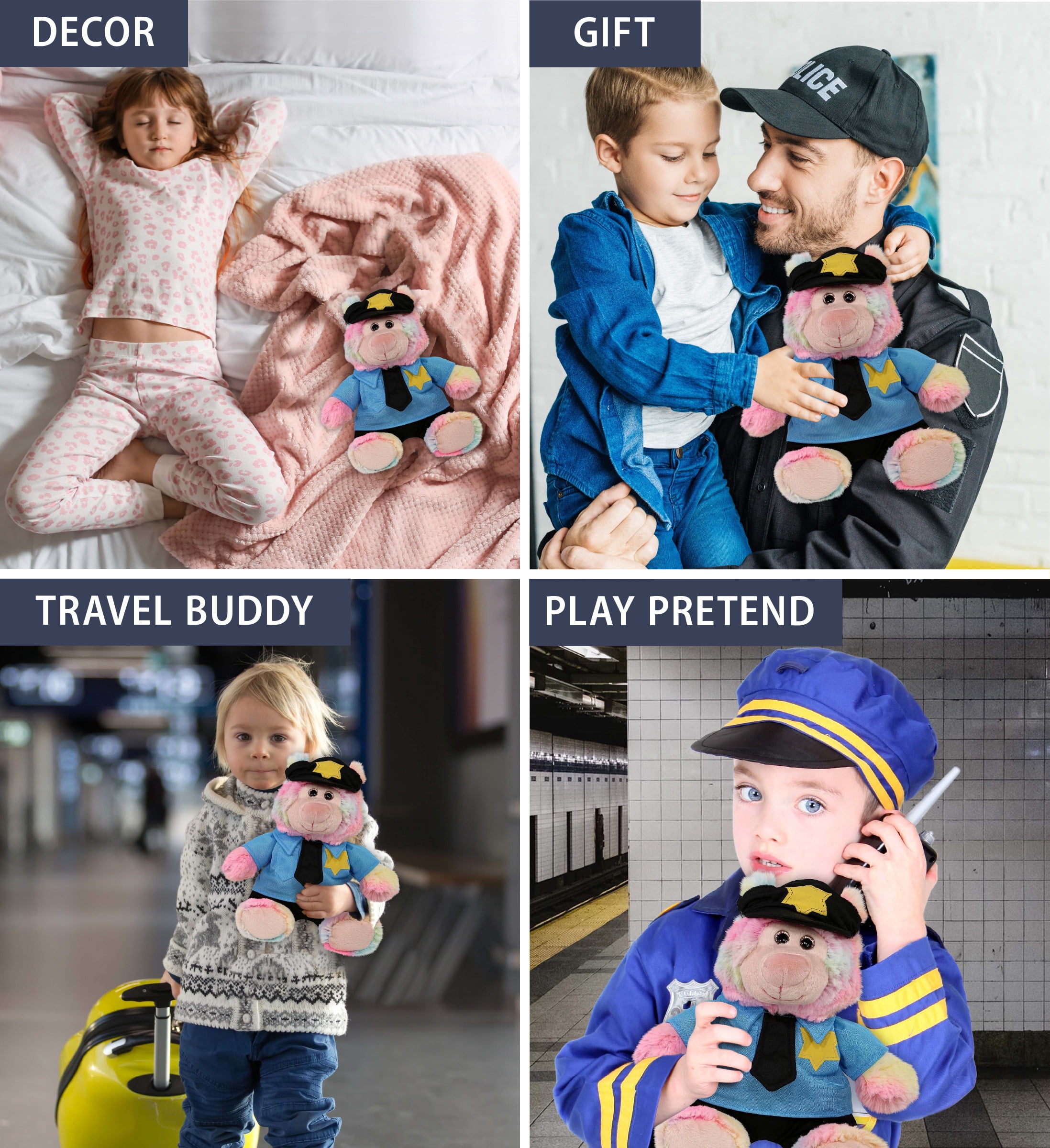 DolliBu Rainbow Bear Police Officer Plush Toy – Super Soft Rainbow Bear Cop Stuffed Animal Dress Up Cop Uniform and Cap Outfit, Cute Fluffy Bear Policeman Toy Plush Gift for Kids – 9 Inches