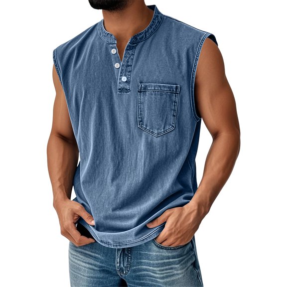 Resicozy Tank Tops Men Sleeveless Henley Shirt Vintage Washed Tank Top Casual Summer Gym Basic Tee with Pocket Navy L