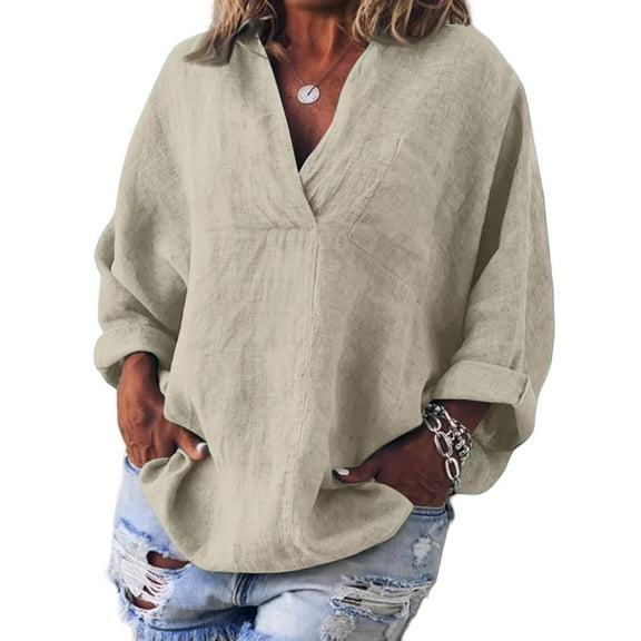 Womens 100% Cotton Linen Tunic Long Sleeve V Neck Gauze Shirt Casual Work Lounge Blouse Tops Beige 5XL