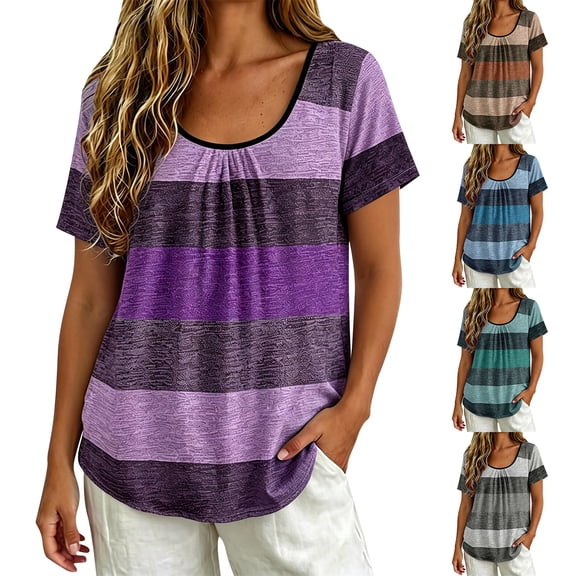 Lumistal Plus Size Women Summer Tops Thin Breathable Casual T-Shirts Striped Blouse Short Sleeve Top Basic Tee Fashion Leisure Tshirt for Women Going Out Tops XL-5XL Grey XXXXL