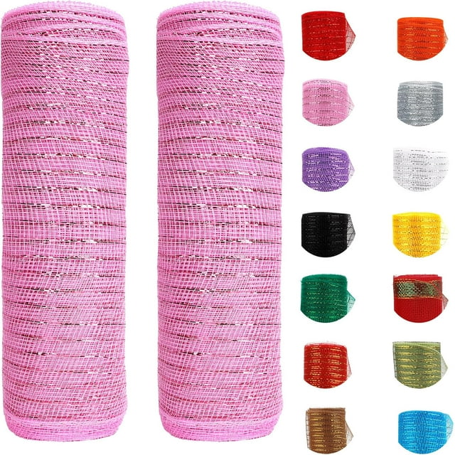 2 Rolls Red Mesh Ribbon, Christmas Deco Mesh 10 Inch x 30 Feet Each Roll, Metallic Red with Foil Ribbon for Christmas Tree Decorations Halloween Party Decor Crafts Wreaths,Rosa claro