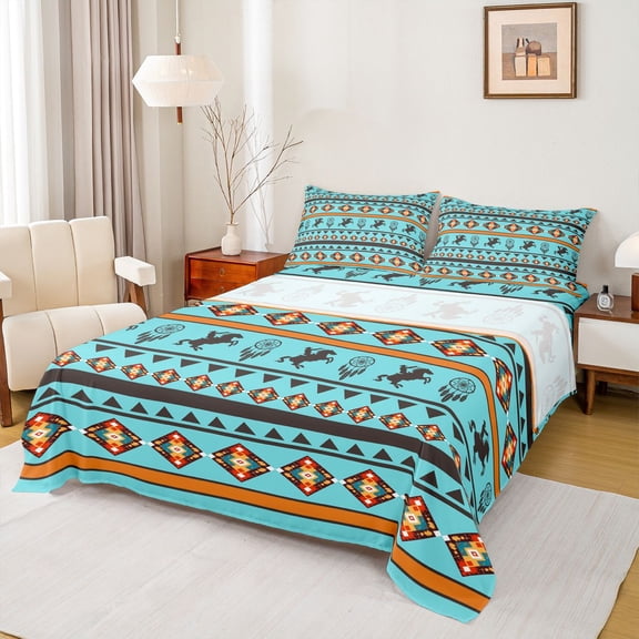 Homewish Retro Boho Tribal Twin Sheet Sets,Rustic Farmhouse Horse Twin Fitted Sheet,Cyan Orange Flat Sheet For Boy Kids,Ultra Soft Home Decor,3 Pieces