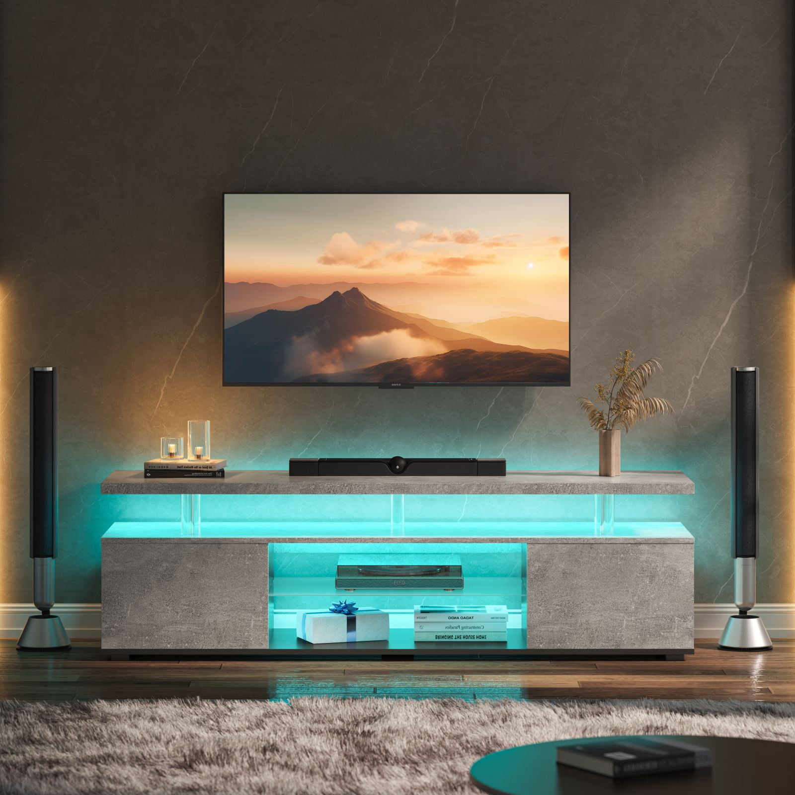 Cubehom LED TV Stand Entertainment Center with Storage Wood Gaming TV for 70 inch TV for Adults Living Room Gray