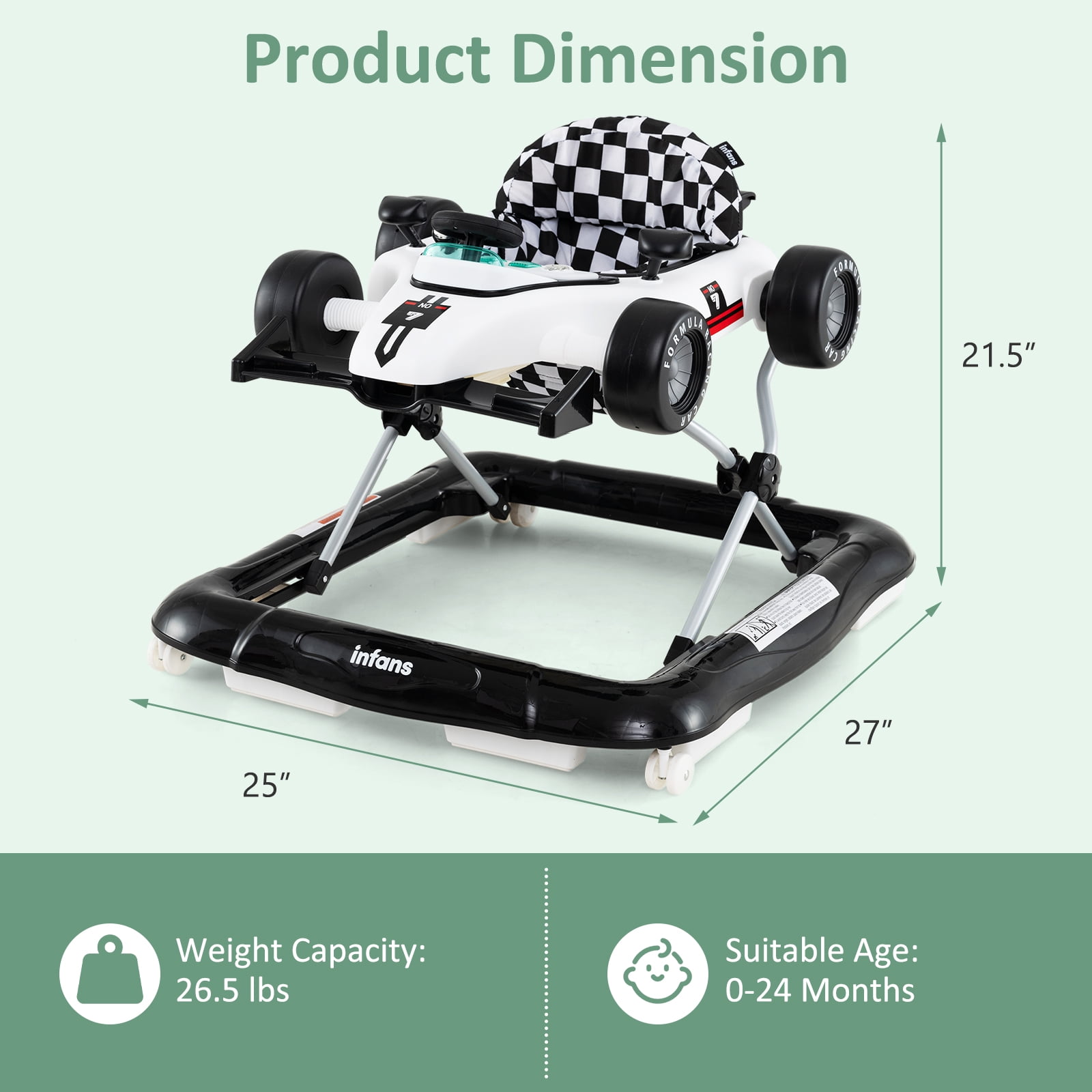 INFANS 4 in 1 Baby Walker, Foldable Toddler Activity Center with Adjustable Height, Padded Seat, Music, Light, Removable Toy Tray, Push Walker for Girls Boys Aged 6-18 Months