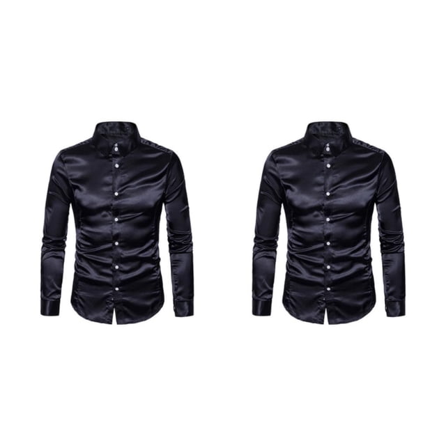 Minnieouse Camisa transpirable para hombre Satén con mangas largas - Trabajo Boda o hogar Camisa para hombre Manga larga formal Grande negro L negro L 2piezas
