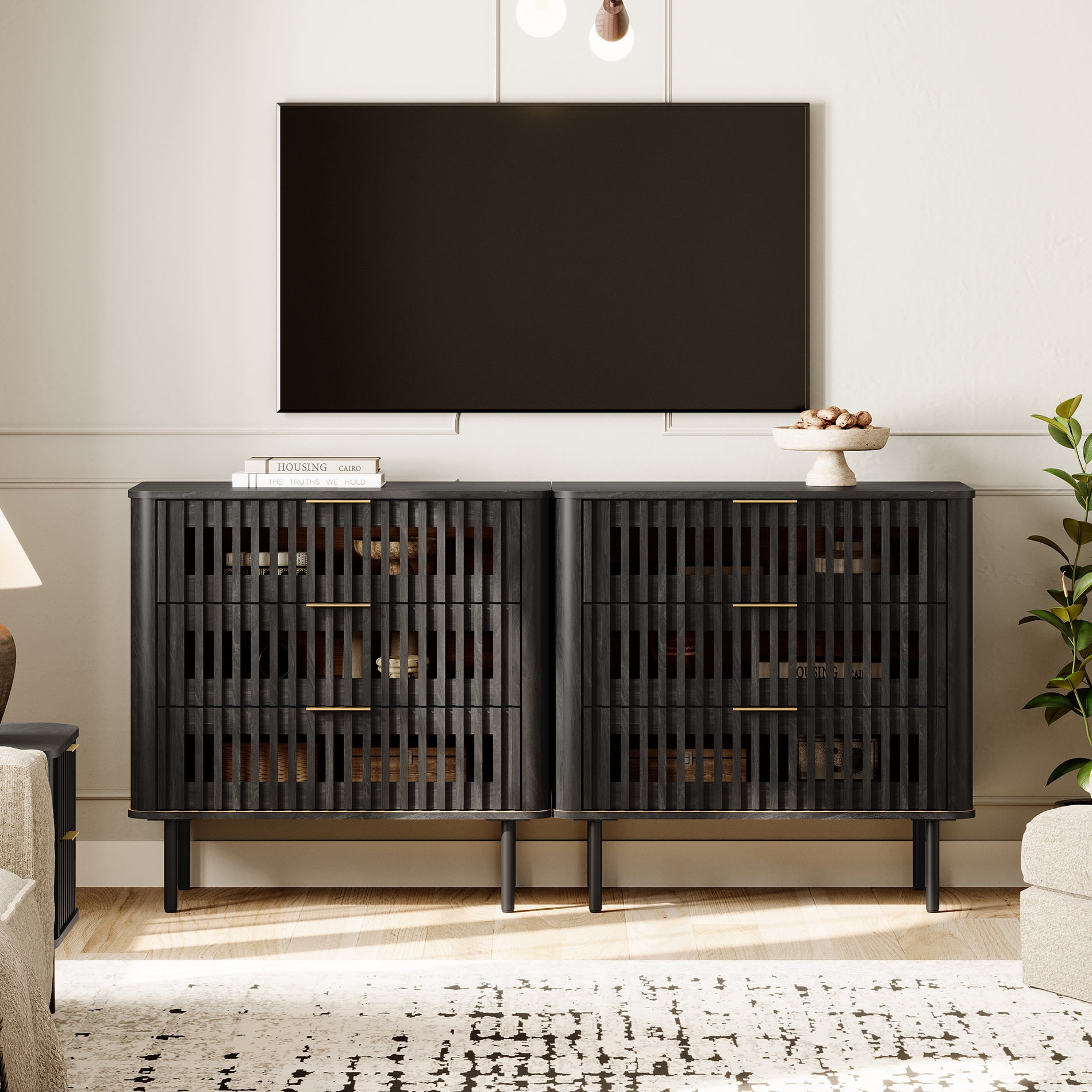 63"W Sideboard Buffet Cabinet with Storage, Fluted Kitchen Buffet Storage Cabinet with 6 Drawer, Large Coffee Bar Cabinet, Modern Buffet Table for Dining Living Room, Black