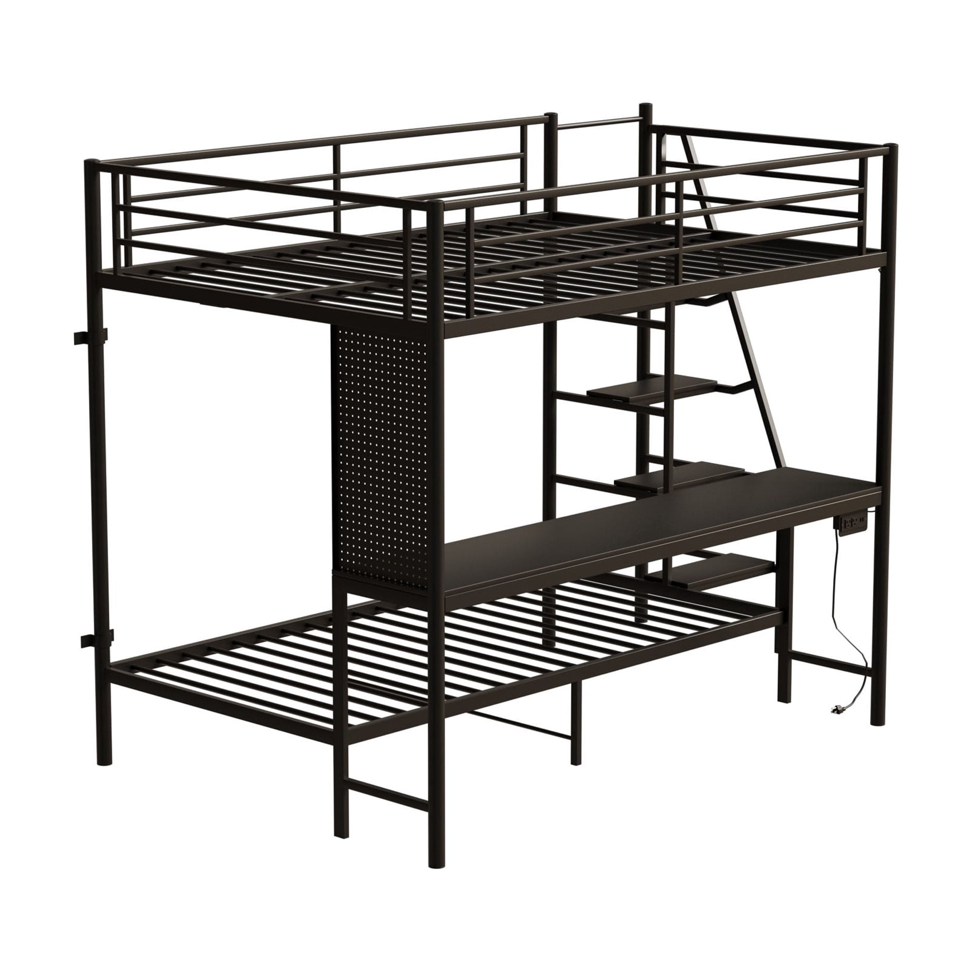 Leumius Full over Full Bunk Bed with Desk and Storage Stairs,Metal Bed Frame with Full Length Guardrails and Ladders, Black