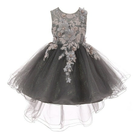 Little Girls Silver 3D Floral Appliques Hi-Low Tulle Flower Girl Dress