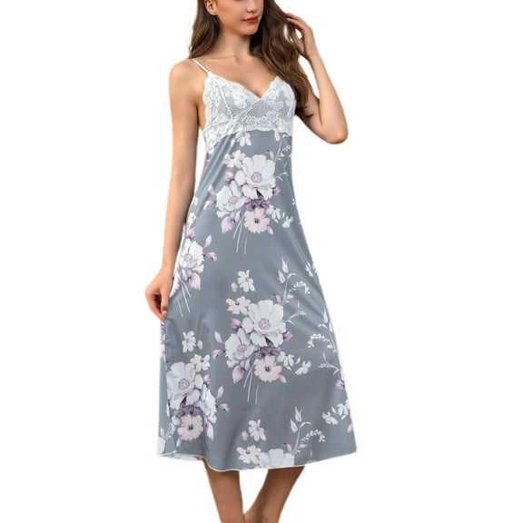 Women's Summer Satin Pajama Dress Floral Printed Spring Spaghetti Strap Sleepwear Asymmetric Silky Lace Pjs Lace Comfy Sleeveless Cool Grey X-Small