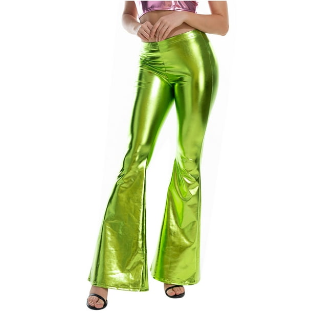 Women Shiny Metallic Bell Bottom Flare Yoga Pants Y2k Bootcut Palazzo ...