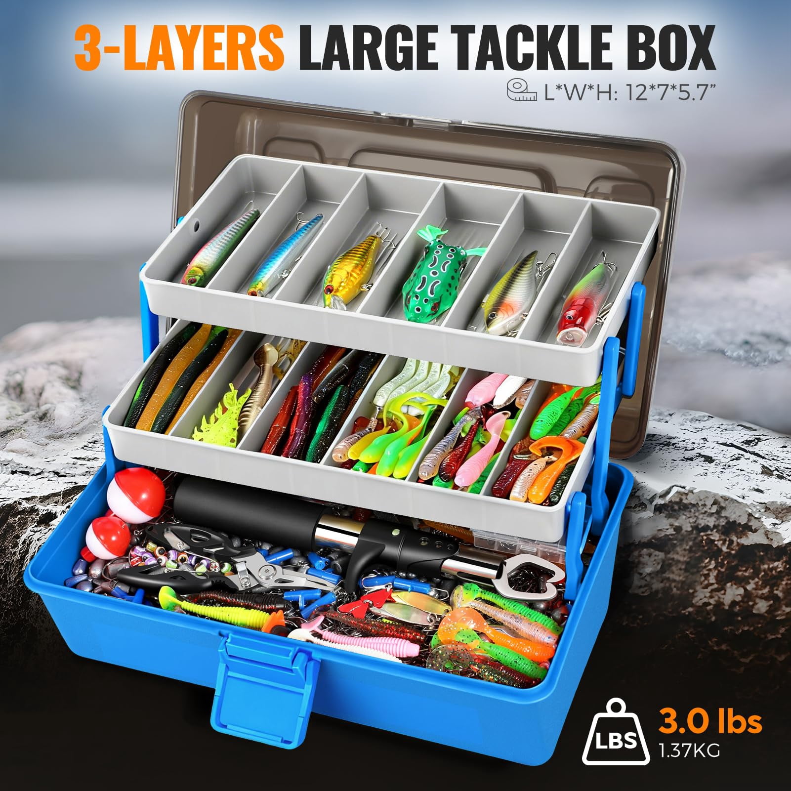 Large 3 Layers Fishing Tackle Box With Included  415pcs Lures Kit Contains Pliers Crankbait Weights Accessories Portable Gear Gifts For Men Starter Kits Bass Trout