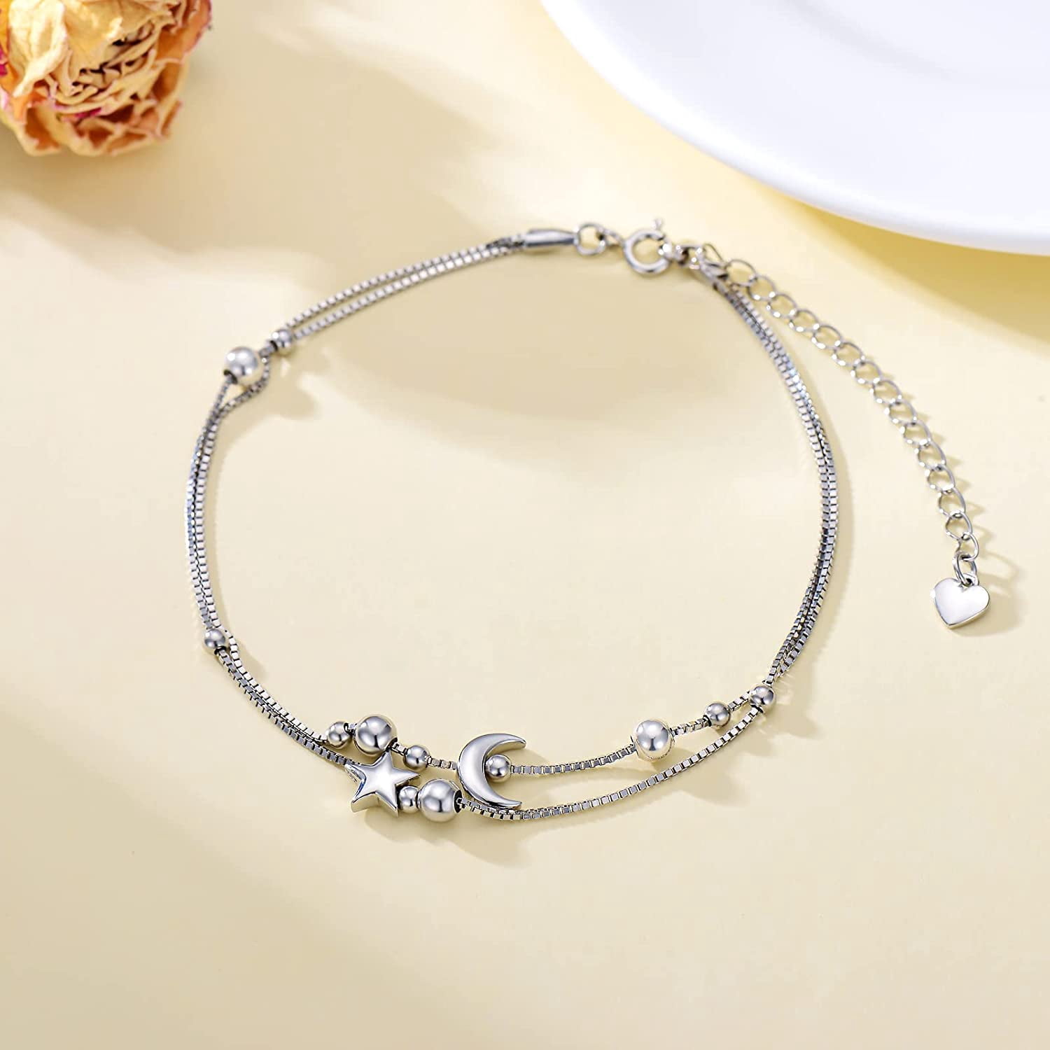 SISGEM Gift Star and Moon Sun Layered Anklet 925 Sterling Silver for Women Adjustable Beads Anklet Bracelet Crescent Beach Foot Chain 10 Inch Charm Jewelry Gifts