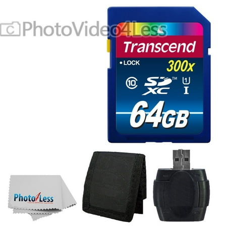 Transcend 64GB SDXC Class 10 UHS-1 Flash Memory Card Up to 60MB/s (TS64GSDU1) + Tri-fold Memory Card Wallet + Hi-Speed SD USB Card Reader + Photo 4 Less Camera and Lens Cleaning (Best Way To Use Flash Cards)