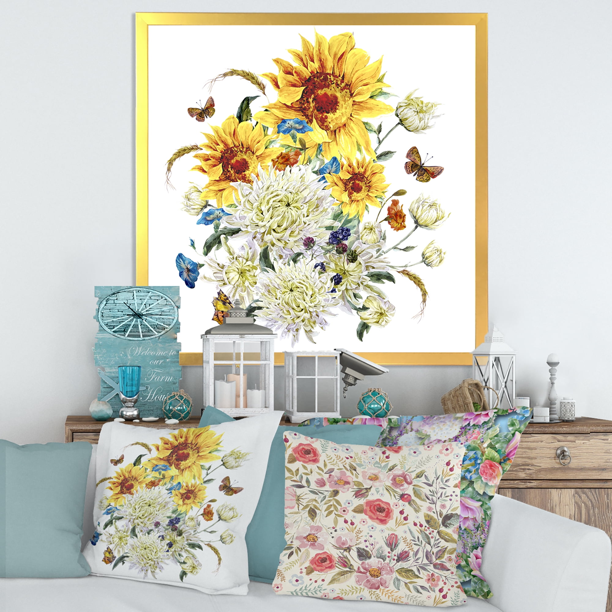 Designart 'Ancient Chrysanthemums and Sunflowers' Traditional Framed Art Print