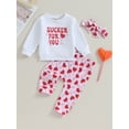 thumbnail image 2 of FEORJGP Toddler Girls Valentine's Day Outfits Infant Baby Long Sleeves Sweatshirt Letter Print Jumpers Crew Neck Tops and Heart Head Print Elastic Pants Headband Cute Loose Casual Clothes Set, 2 of 9