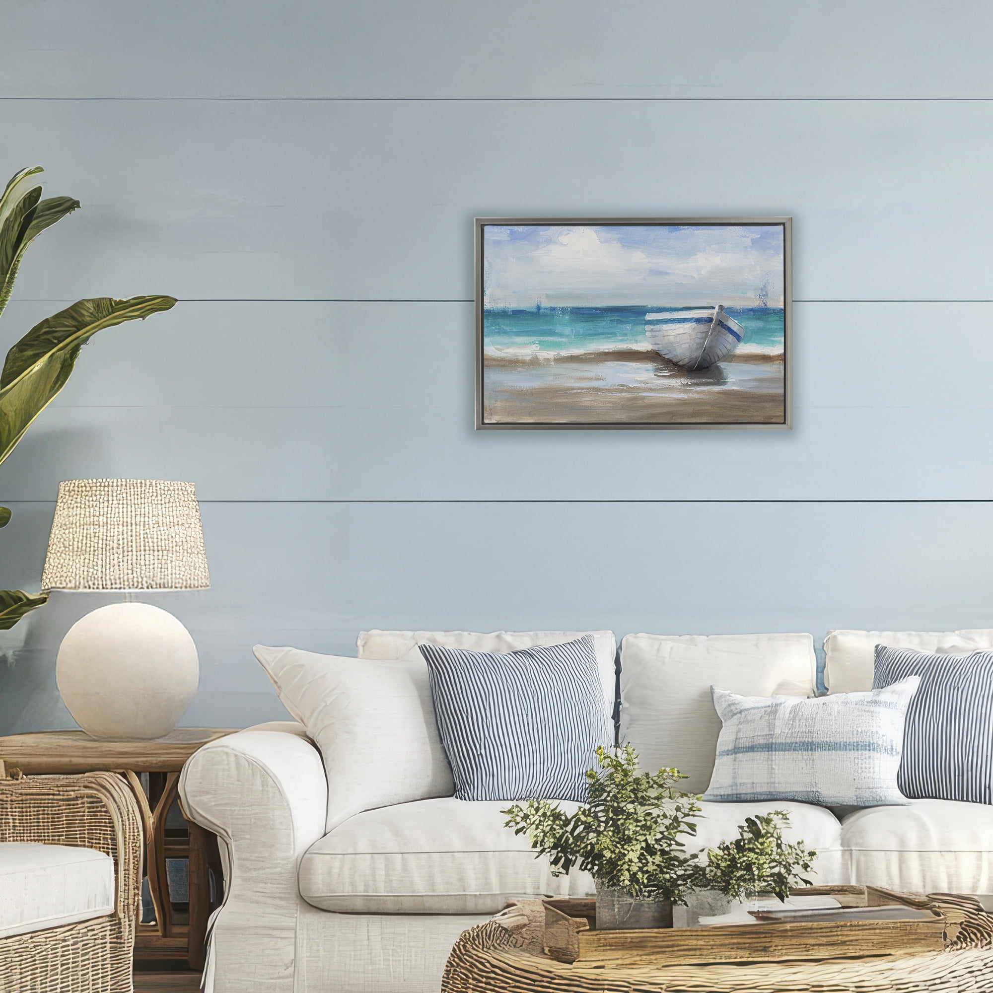 Stupell Industries Painterly Boat On The Shore Gray Framed Floater Canvas Wall Art, design by Cloverfield & Co.